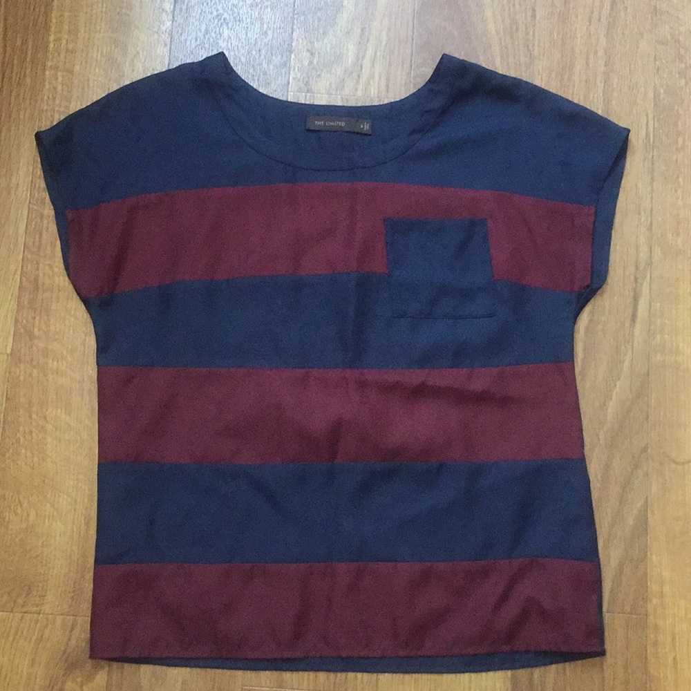 Navy and maroon striped blouse.